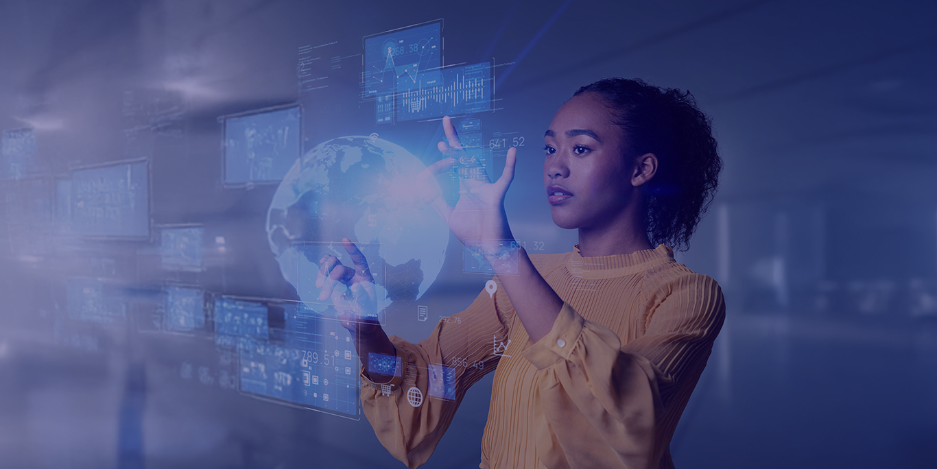 Woman,Looking,At,Hologram.,Wide,Angle,Visual,For,Banners,Or